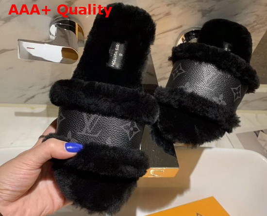 Louis Vuitton Lock It Flat Mule Black Mink Fur and Monogram Eclipse Canvas Replica