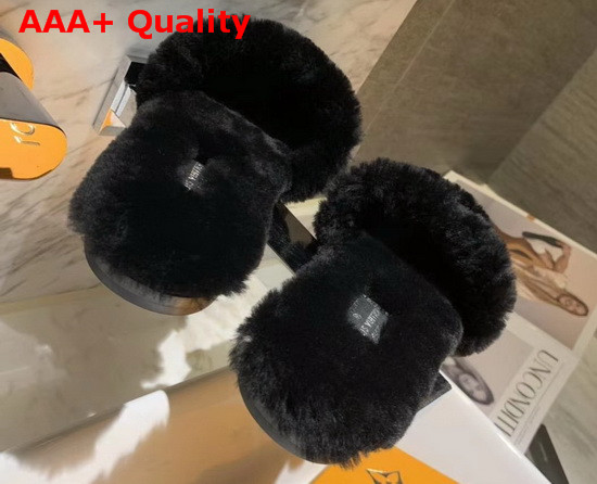 Louis Vuitton Lock It Flat Mule Black Mink Fur and Monogram Eclipse Canvas Replica