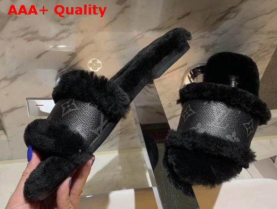 Louis Vuitton Lock It Flat Mule Black Mink Fur and Monogram Eclipse Canvas Replica