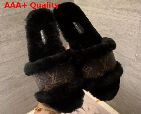 Louis Vuitton Lock It Flat Mule Black Mink Fur and Patent Monogram Canvas 1A8766 Replica