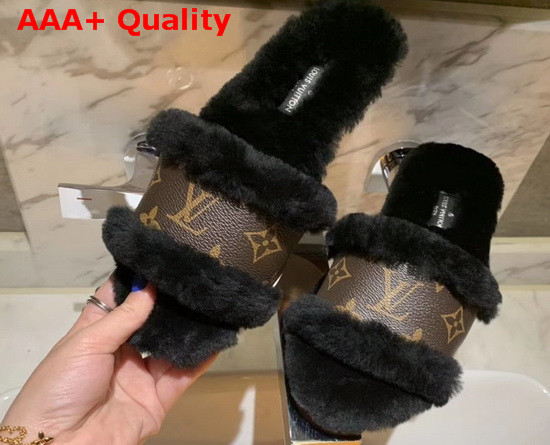 Louis Vuitton Lock It Flat Mule Black Mink Fur and Patent Monogram Canvas 1A8766 Replica