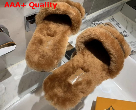 Louis Vuitton Lock It Flat Mule Cognac Brown Mink Fur and Patent Monogram Canvas 1A876Z Replica