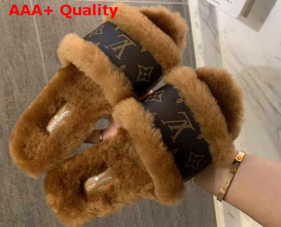 Louis Vuitton Lock It Flat Mule Cognac Brown Mink Fur and Patent Monogram Canvas 1A876Z Replica