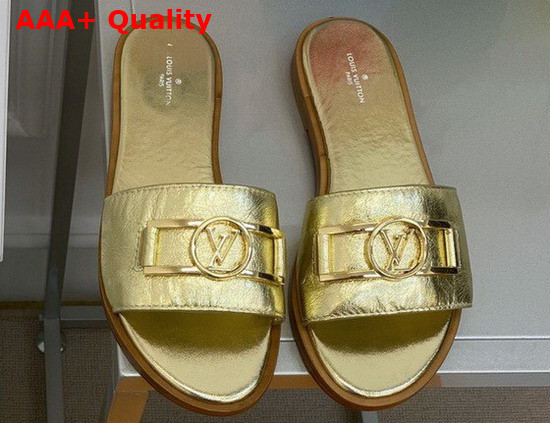 Louis Vuitton Lock It Flat Mule in Gold Metallic Calf Leather 1A87ZI Replica