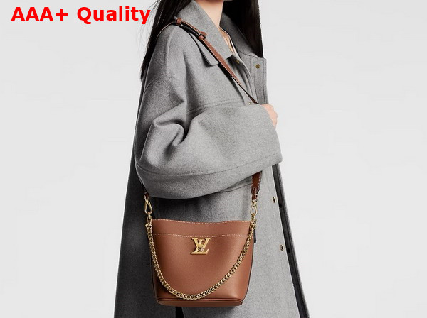 Louis Vuitton Lock and Walk Sleek Bucket Bag in Cognac Brown Grained Calf Leather M24165 Replica