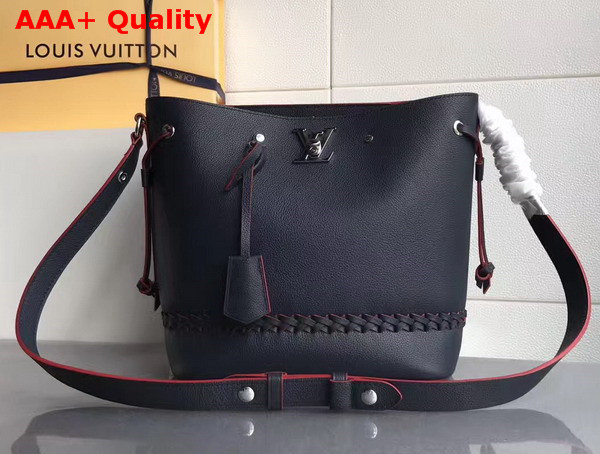Louis Vuitton Lockme Bucket Bag in Navy Blue Soft Calfskin with Its Subtle Yet Feminine Braiding Lined in Red M54681 Replica
