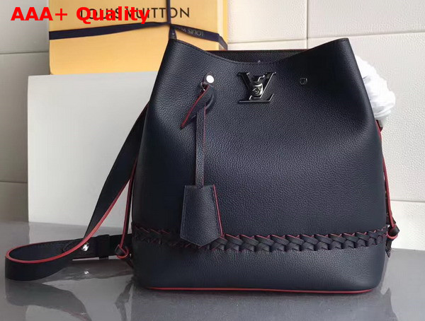Louis Vuitton Lockme Bucket Bag in Navy Blue Soft Calfskin with Its Subtle Yet Feminine Braiding Lined in Red M54681 Replica