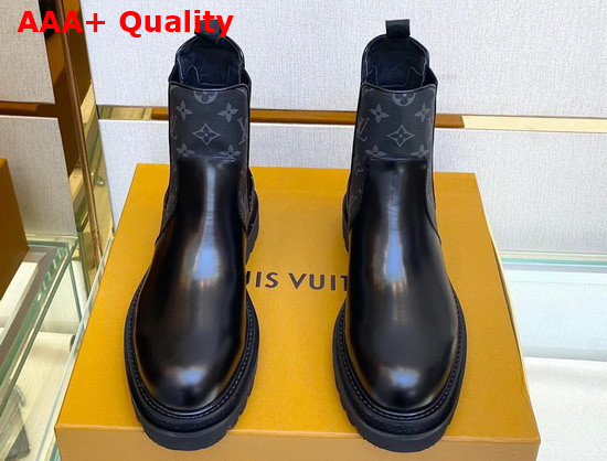 Louis Vuitton Men Chelsea Boot Black Glazed Calf Leather and Monogram Eclipse Canvas Replica