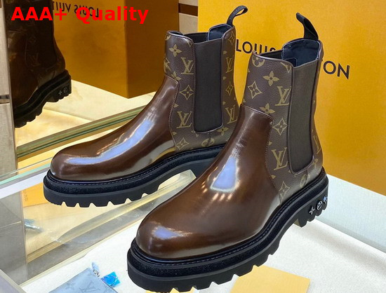 Louis Vuitton Men Chelsea Boot Brown Glazed Calf Leather and Monogram Canvas Replica