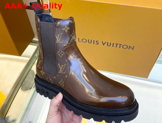 Louis Vuitton Men Chelsea Boot Brown Glazed Calf Leather and Monogram Canvas Replica