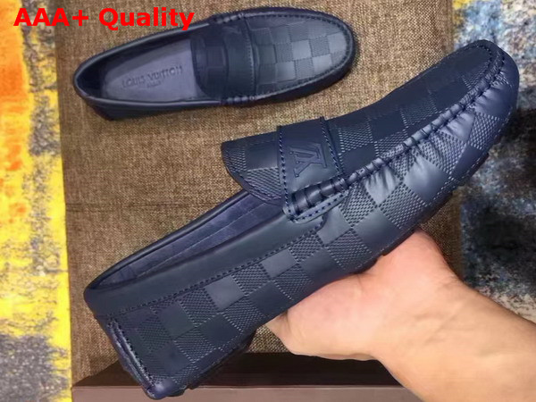 Louis Vuitton Men Loafer Shoes Navy Blue Damier Embossed Calf Leather Replica