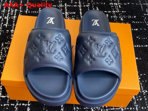 Louis Vuitton Miami Mule in Blue Monogram Embossed Synthetic Leather Replica