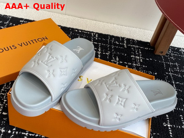 Louis Vuitton Miami Mule in Light Grey Monogram Embossed Synthetic Leather Replica