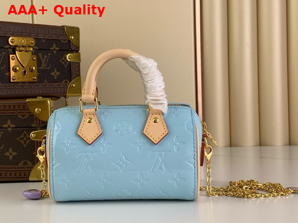 Louis Vuitton Nano Speedy in Sky Blue Monogram Vernis Leather M83000 Replica