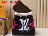 Louis Vuitton Neonoe MM Bucket Bag in Black Grained Leather and Cream Shearling M56963 Replica