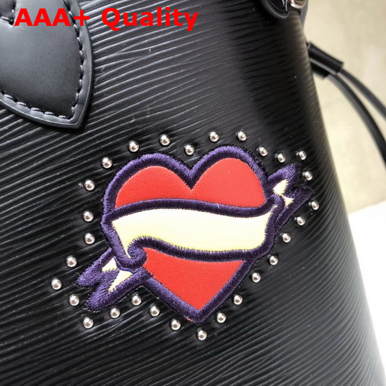 Louis Vuitton Neverfull MM Black Epi Leather with Monogram Canvas Patches and Studs M52729 Replica