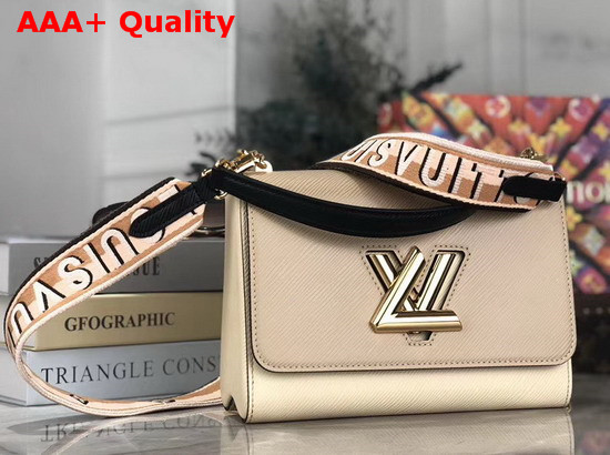 Louis Vuitton New Twist MM Handbag in Beige Epi Leather with Wide Embroidered Shoulder Strap Replica