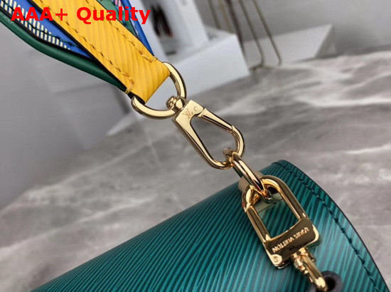 Louis Vuitton New Twist MM Handbag in Green and Blue Epi Leather with Wide Printed Shoulder Strap Replica