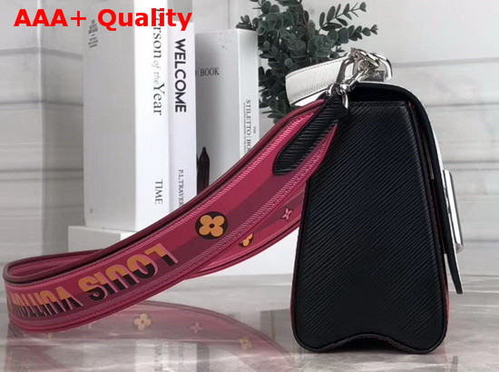 Louis Vuitton New Twist MM Handbag in White Red and Black Epi Leather with Wide Printed Shoulder Strap Replica