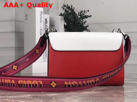 Louis Vuitton New Twist MM Handbag in White Red and Black Epi Leather with Wide Printed Shoulder Strap Replica