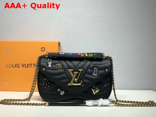 Louis Vuitton New Wave Chain Bag MM Black Smooth Calf Leather with LV Love Lock and Key and Monogram Flower Replica