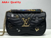 Louis Vuitton New Wave Chain Bag MM Black Smooth Calf Leather with LV Love Lock and Key and Monogram Flower Replica