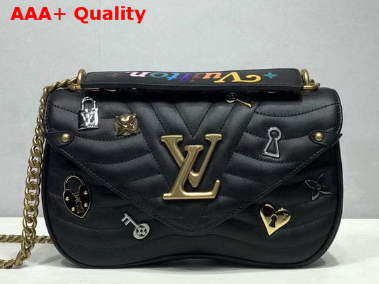 Louis Vuitton New Wave Chain Bag MM Black Smooth Calf Leather with LV Love Lock and Key and Monogram Flower Replica