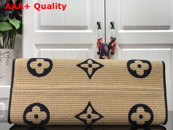 Louis Vuitton OnTheGo MM Tote Bag Monogram Raffia with Blue Leather Handles M57723 Replica
