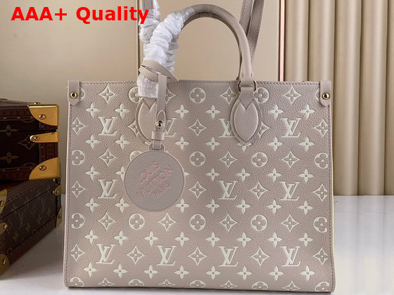 Louis Vuitton Onthego MM Tote Bag Beige Pink Yellow Printed and Embossed Grained Cowhide Leather M46128 Replica