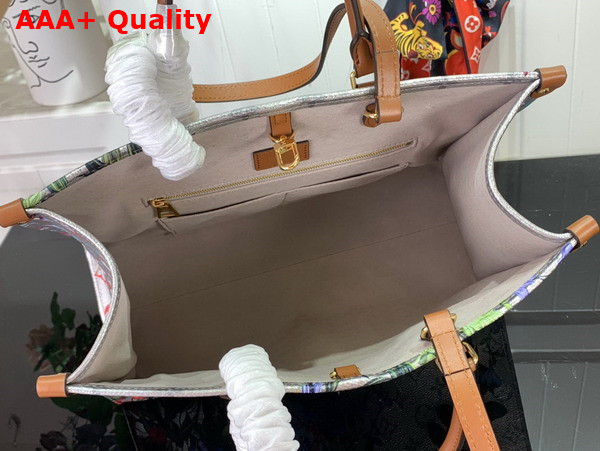 Louis Vuitton Onthego MM Tote Metallic Silver Coated Canvas and a Subtle Monogram Motif in the Background M21233 Replica