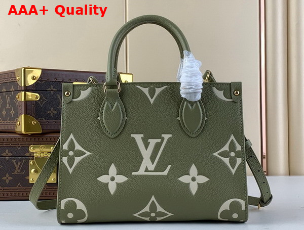Louis Vuitton Onthego PM Tote in Khaki Monogram Empreinte Leather with Giant Monogram Pattern Replica