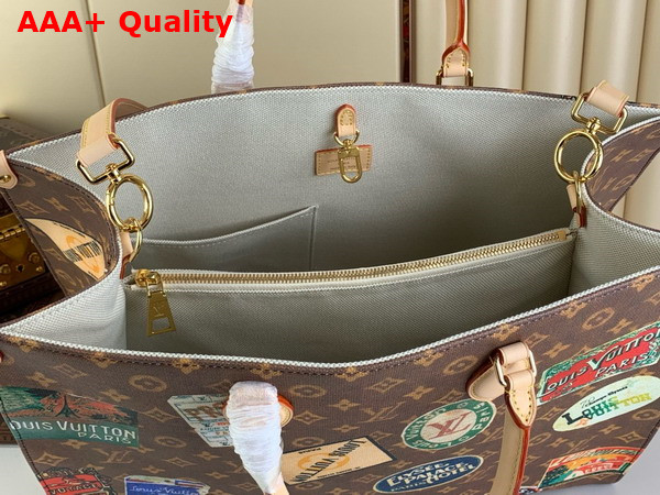 Louis Vuitton Onthego Voyage Tote in Monogram Coated Canvas Embellished with a Patchwork of Vintage Hotel Labels M47147 Replica