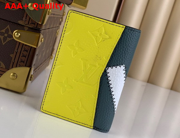 Louis Vuitton Pocket Organizer Gray Blue Grained Taurillon Leather with White Leather LV Initials Zigzag Stitched onto the Front M81470 Replica