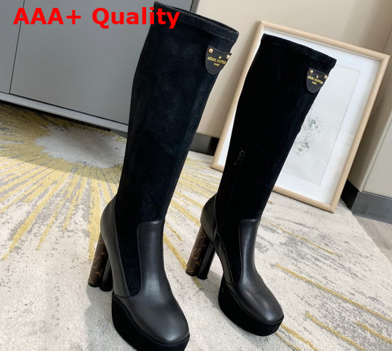 Louis Vuitton Podium Platform High Boot in Black Suede Baby Goat Leather and Monogram Canvas 1A7U7J Replica