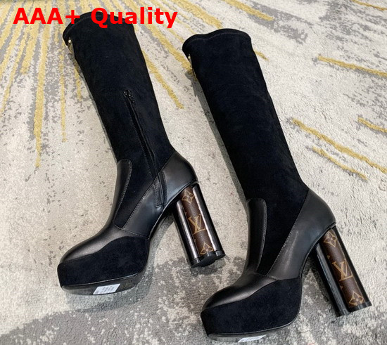 Louis Vuitton Podium Platform High Boot in Black Suede Baby Goat Leather and Monogram Canvas 1A7U7J Replica