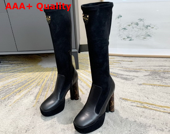 Louis Vuitton Podium Platform High Boot in Black Suede Baby Goat Leather and Monogram Canvas 1A7U7J Replica