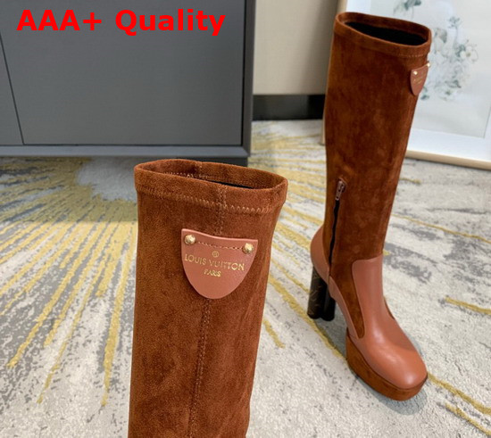 Louis Vuitton Podium Platform High Boot in Brown Suede Baby Goat Leather and Monogram Canvas Replica