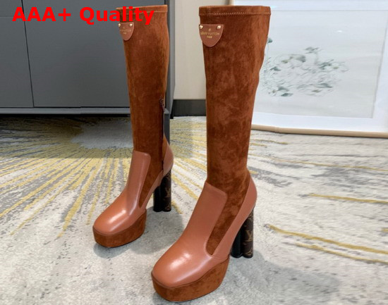 Louis Vuitton Podium Platform High Boot in Brown Suede Baby Goat Leather and Monogram Canvas Replica