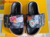 Louis Vuitton Pool Pillow Comfort Mule in Black Nylon Printed with a Vintage Look Monogram Pattern and Colorful Travel Labels Replica