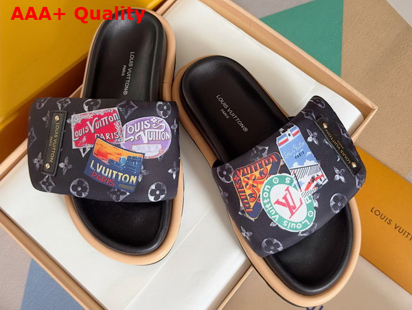Louis Vuitton Pool Pillow Comfort Mule in Black Nylon Printed with a Vintage Look Monogram Pattern and Colorful Travel Labels Replica