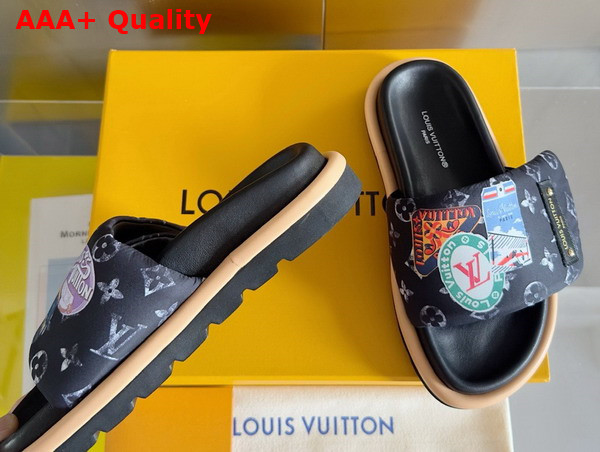 Louis Vuitton Pool Pillow Comfort Mule in Black Nylon Printed with a Vintage Look Monogram Pattern and Colorful Travel Labels Replica