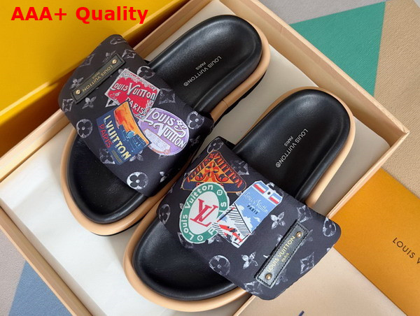 Louis Vuitton Pool Pillow Comfort Mule in Black Nylon Printed with a Vintage Look Monogram Pattern and Colorful Travel Labels Replica