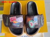 Louis Vuitton Pool Pillow Comfort Mule in Cacao Brown Nylon Printed with a Vintage Look Monogram Pattern and Colorful Travel Labels 1ACTDU Replica