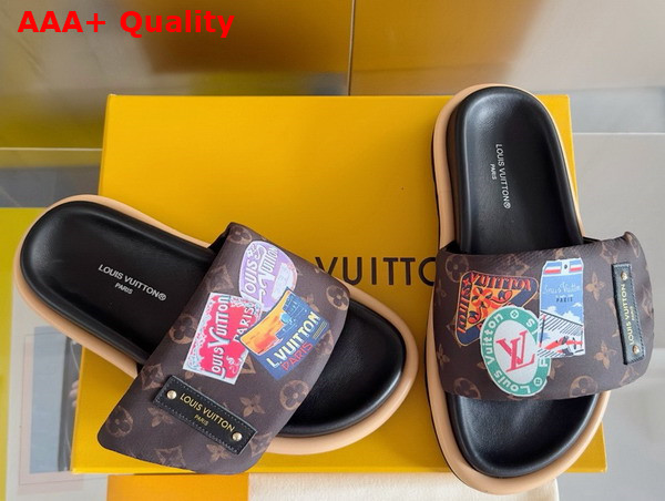 Louis Vuitton Pool Pillow Comfort Mule in Cacao Brown Nylon Printed with a Vintage Look Monogram Pattern and Colorful Travel Labels 1ACTDU Replica