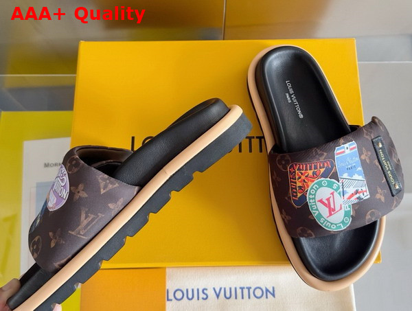 Louis Vuitton Pool Pillow Comfort Mule in Cacao Brown Nylon Printed with a Vintage Look Monogram Pattern and Colorful Travel Labels 1ACTDU Replica