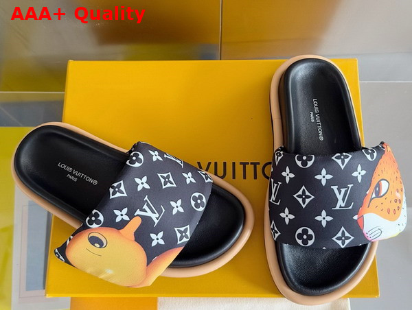 Louis Vuitton Pool Pillow Flat Comfort Mule in Black Monogram Nylon Printed with Colorful Animal Characters Replica
