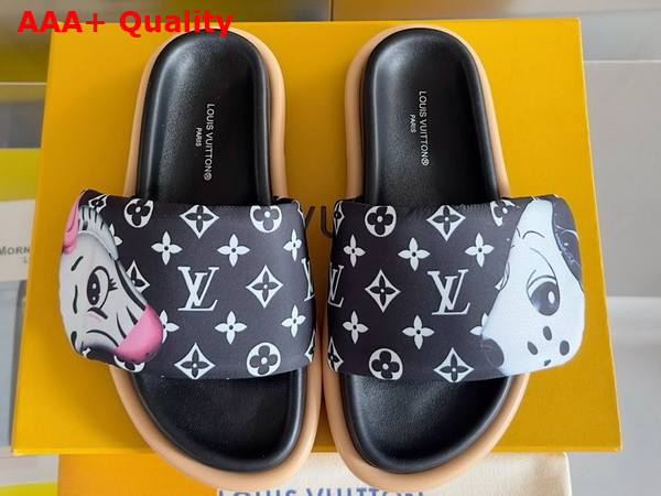 Louis Vuitton Pool Pillow Flat Comfort Mule in Black Monogram Nylon Printed with Cute Animal Characters Replica
