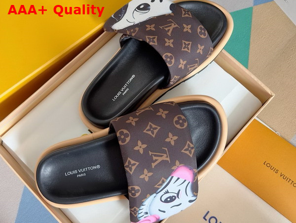 Louis Vuitton Pool Pillow Flat Comfort Mule in Brown Monogram Nylon Printed with Cute Animal Characters 1AD3AZ Replica
