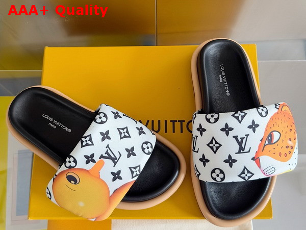 Louis Vuitton Pool Pillow Flat Comfort Mule in White Monogram Nylon Printed with Colorful Animal Characters Replica