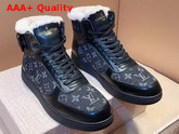 Louis Vuitton Rivoli Sneaker Boot in Black Calf Leather and Monogram Denim with Sheepskin Inside Replica